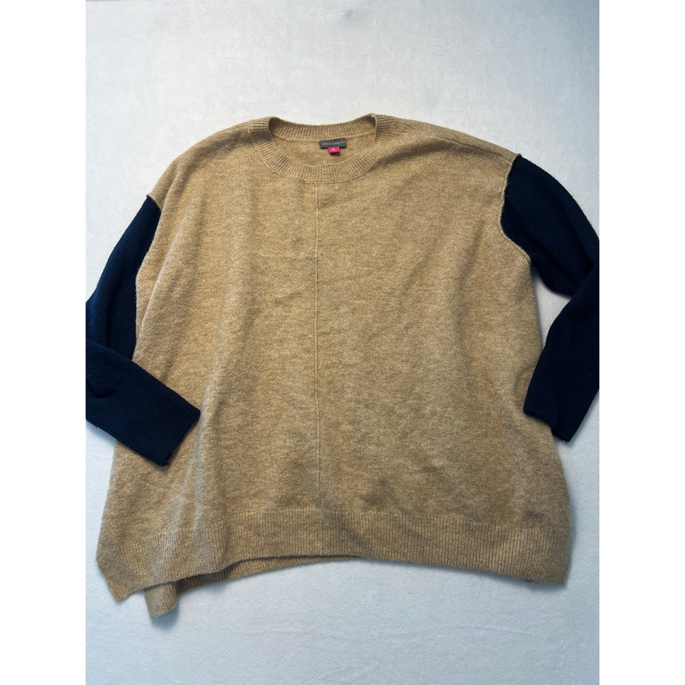 Vince Camuto 2X Sweater Colorblock Tan Navy Blue Crewneck Knit Minimalist Cozy